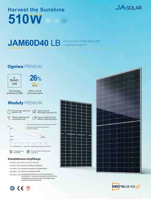 Panele Fotowoltaiczne 500W Ja Solar JAM60D40-500/LB_BF | Fotowoltaika