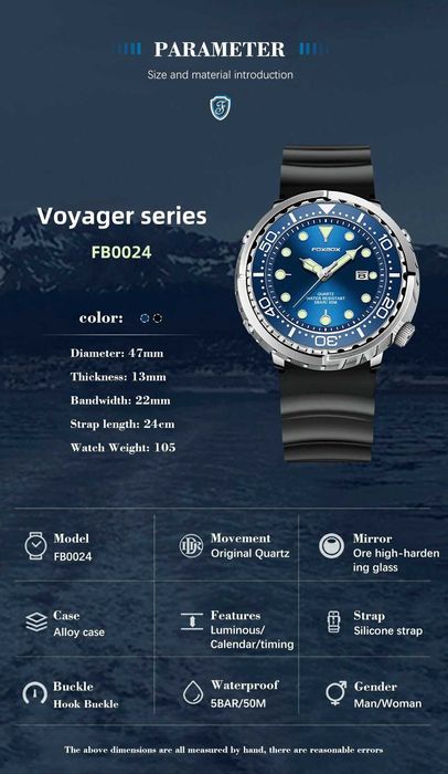 Zegarek Foxbox styl nurka tuńczyk obrotowy bezel wodoszczelny WR50 BOX