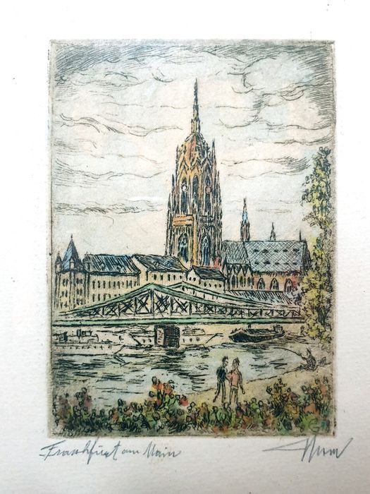 Fantástica antiga pequena gravura alemã assinada e colorida