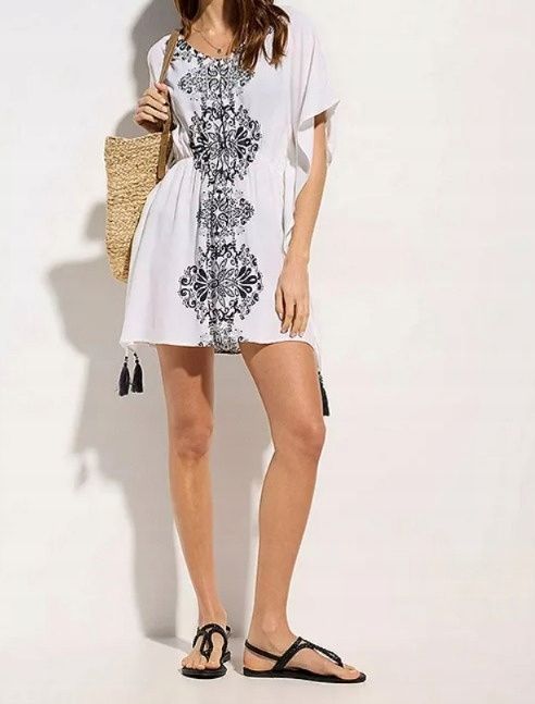 B.P.C sukienka tunika plażowa biała z nadrukiem 52/54.