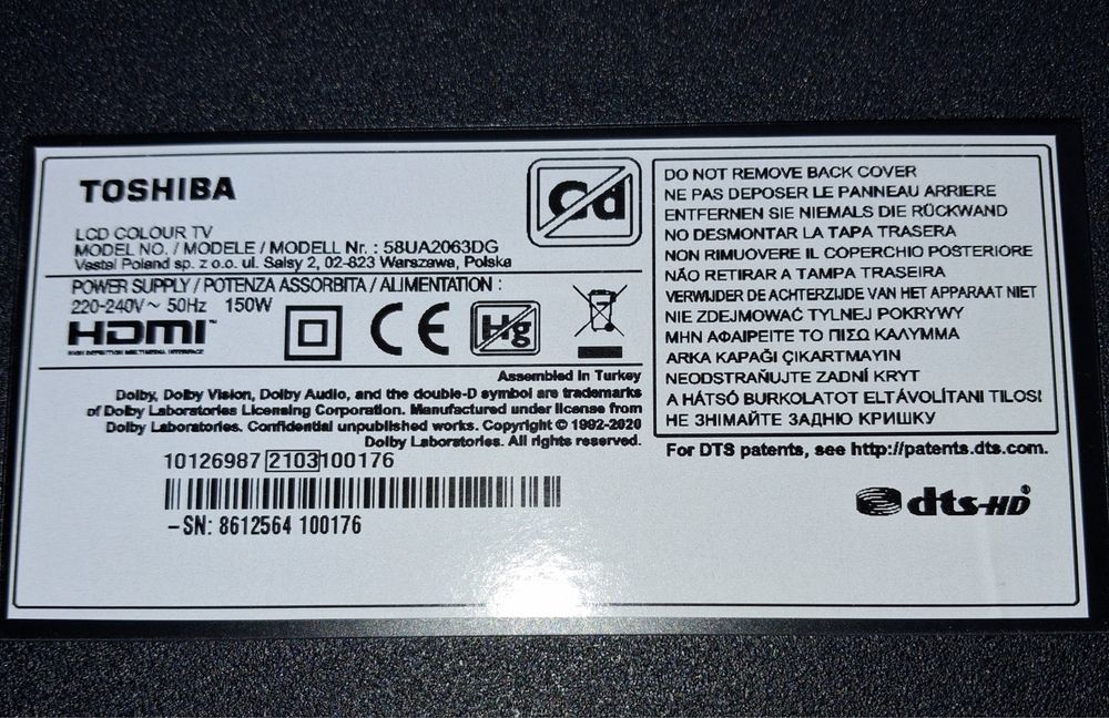 Telewizor Toshiba używany z usterką 58UA2063DG 58"