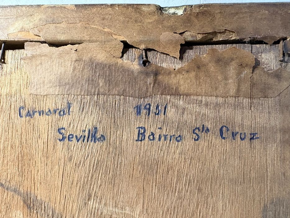 Linda antiga pintura paisagem de Sevilha em óleo sobre madeira de 1951