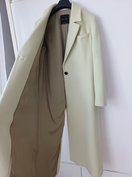 Massimo Dutti wełniany płaszcz pastelowy żółty wełna długi midi guzik