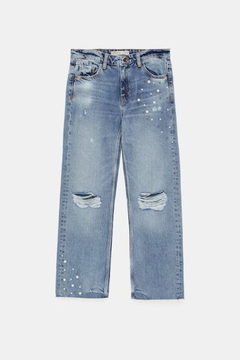 Джинсы с высокой посадкой с потертостями ZARA, новые! 32/XS