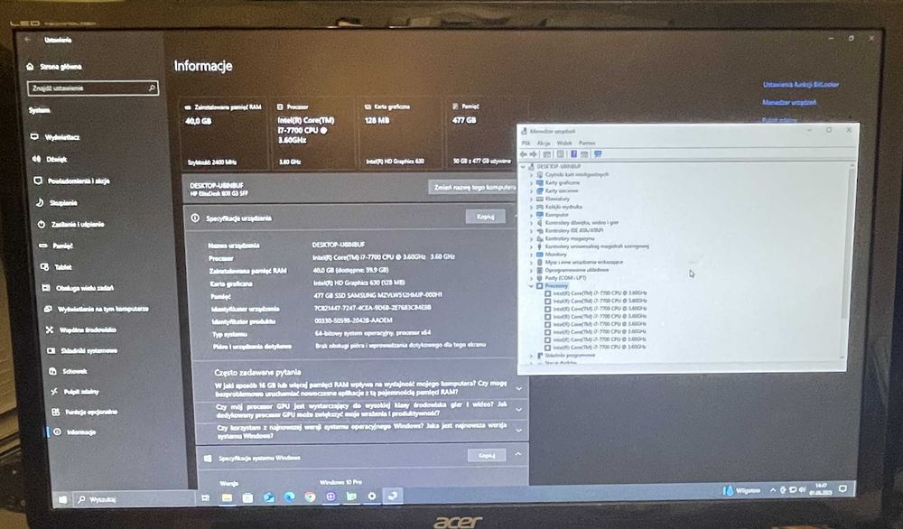 Komputer HP/i7-7700 4x3,6GHz/SSD 512GB M2/ram 40GB/Windows 10/HDMI
