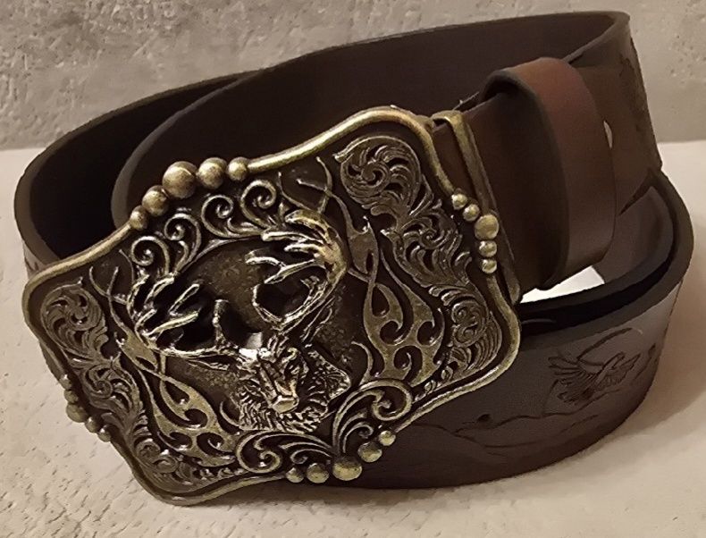 Skórzany pasek myśliwski JELEŃ BYK. Rykowisko. Nowy. 120cm Na prezent.