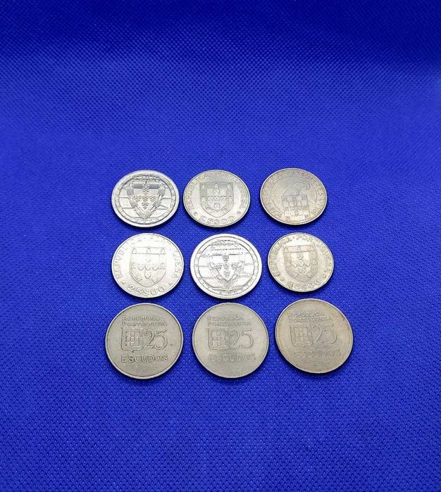 Lote de 9 moedas comemorativas de 25 Escudos em cobre/níquel