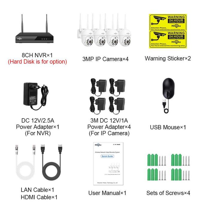 Kit CCTV WiFi 4 câmaras rotativas videovigilância 8CH 3MP Hiseeu