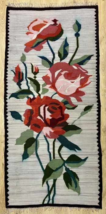 Art deco kilim przedwojenny Gliniany Róże antyk muzealny kolekcjonerski dywan na ściane makata gobelin desa