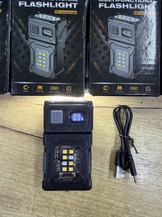 Акумуляторний багатофункціональний LED ліхтар 180° з дисплеєм