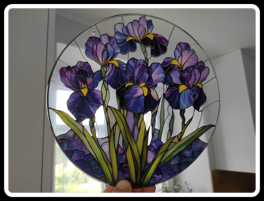 Nowy witraż witrażyk dekoracja okienna kwiaty irysy