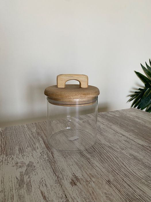 Frascos de Vidro com Tampa em Madeira Vários Taman