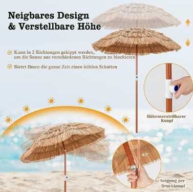 Hawajski Parasol Słomkowy COSTWAY UV 155cm Regulowany + Torba