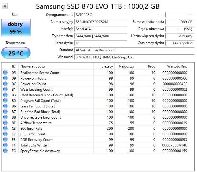 Samsung 870 EVO 1TB SATA SSD 2,5" - stan idealny