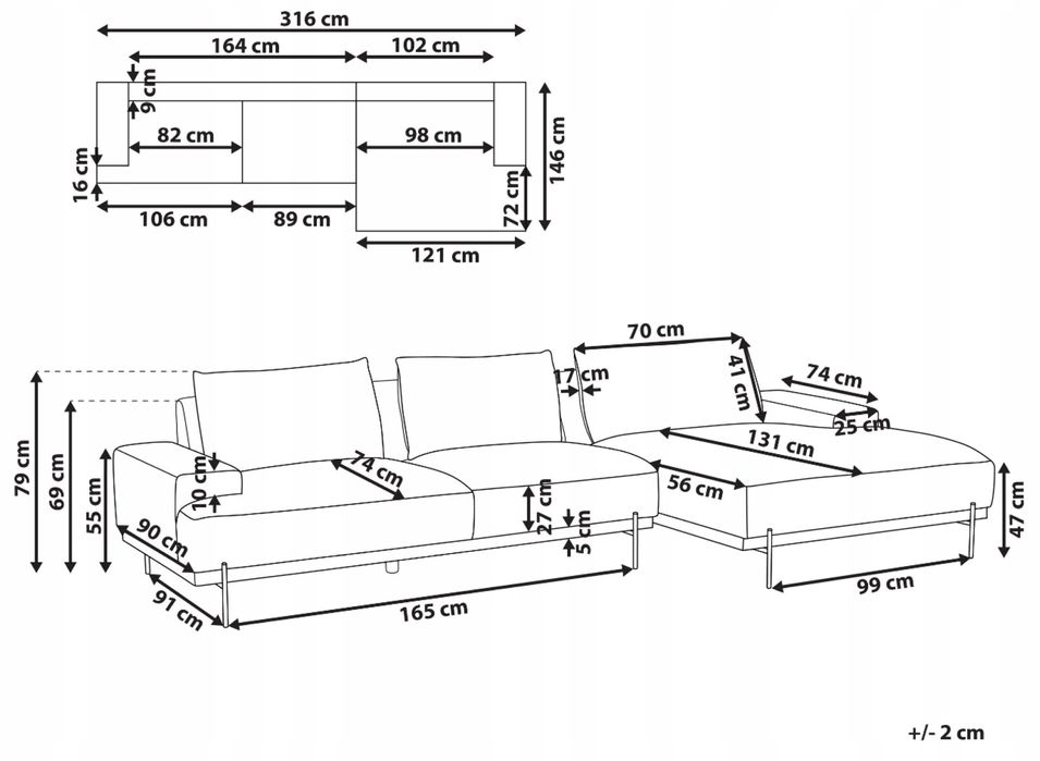 Narożnik lewy sofa 3-osobowa jasnobrązowy