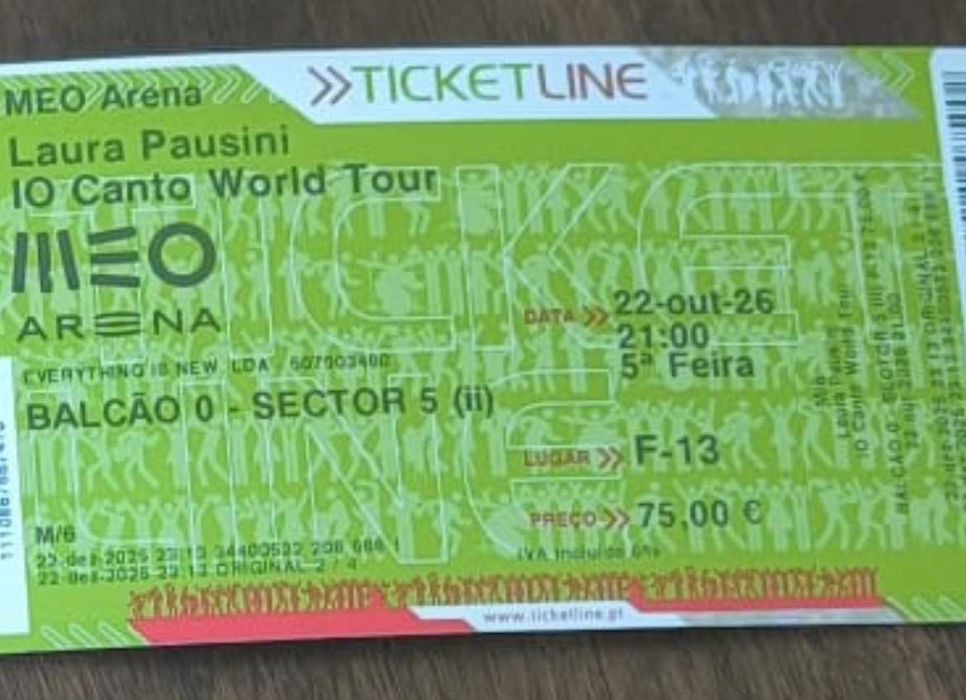 3 bilhetes para o concerto da Laura Pausini no Meo Arena (lugares juntos) - 22 de Outubro de 2026 - 65€/un