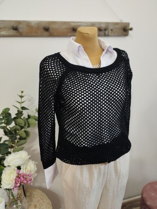 CZARNA bluzka damska ażurowa 1982 XS wiosenna uniwersalna