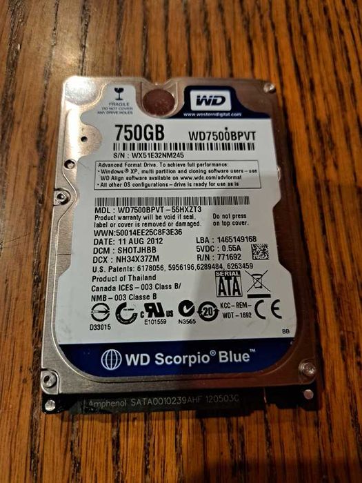 Dysk HDD 2.5" 750GB SATA WD7500BPVT, prawie 1TB - stan IDEALNY.