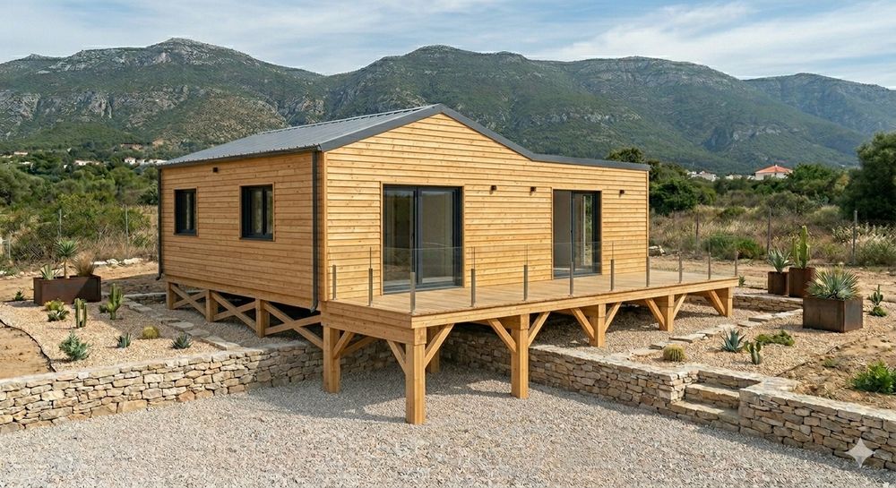 Montagem de casas pré-fabricadas, fabrico de laje radier ou estrutura elevada em madeira ou caixa de ar em betão térmico.