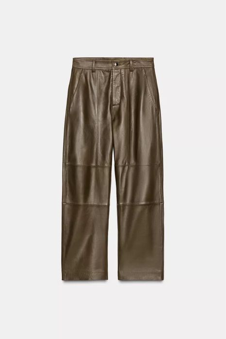 Zara шкіряні 100% широкі штани хакі М
