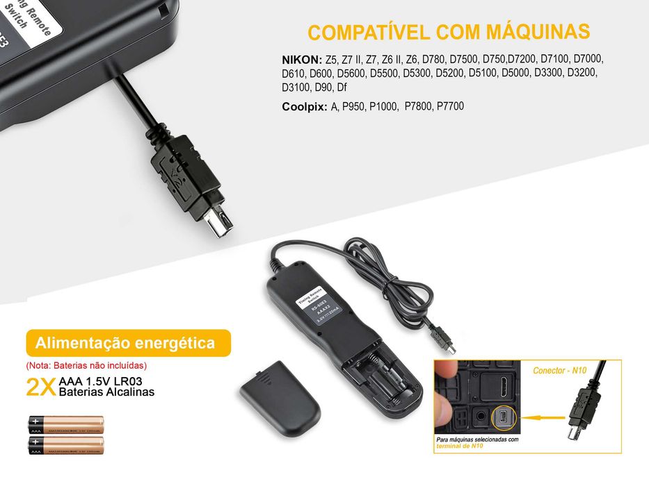 Temporizador disparador de controlo remoto para Nikon (Conexão N10)