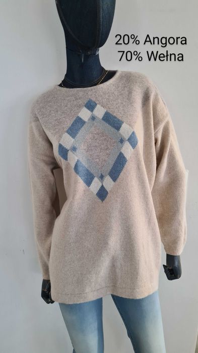 Sweter 70% Wełna, 20% Angora. Kremowy Beżowy, Błękitny. 40 L / 42 XL