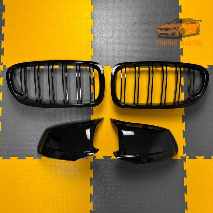 Набор решетка радиатора, накладки на зеркала BMW F10, F11 черный гляне