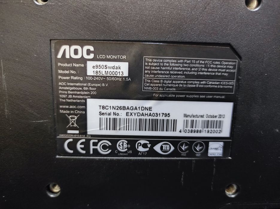 Монітор W-LED AOC E950Swdak 18,5"HD (1DVI/1VGA/1Audio) 170/160 TN 5ms