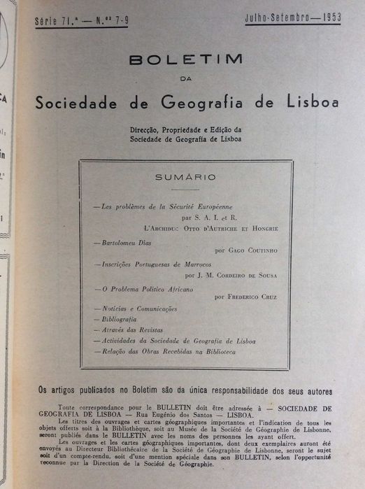 Boletim da Sociedade de Geografia de Lisboa. -  1953. Ver sumário