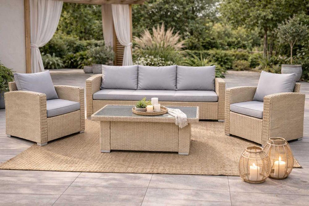 Zestaw Mebli Ogrodowych Technorattanowy Komplet Beżowy Regulacja Stołu