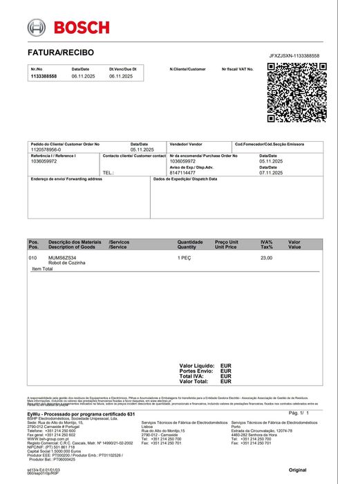 (NOVO) BOSCH Robô de cozinha Serie 6 MUMS6ZS34