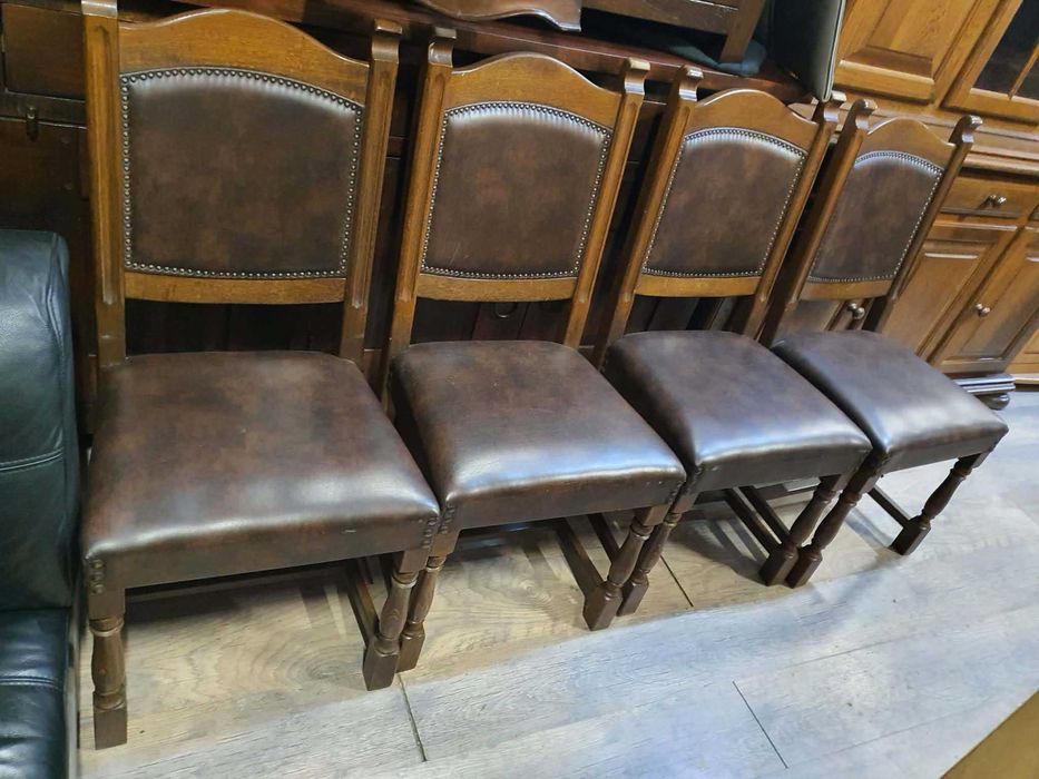 Komplet 4 krzeseł krzesła drewniane dębowe holenderskie tapicerowane skóra ciemne solidne masywne FV DOWÓZ