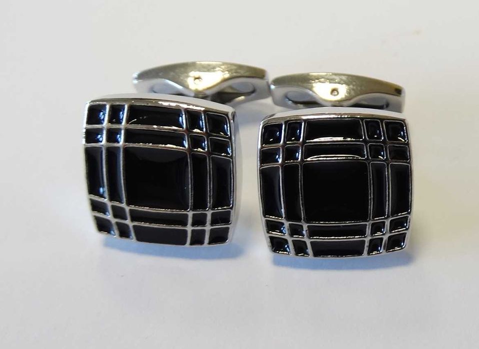 Spinki mankietowe do mankietów koszuli czarne kwadratowe srebrne nowe