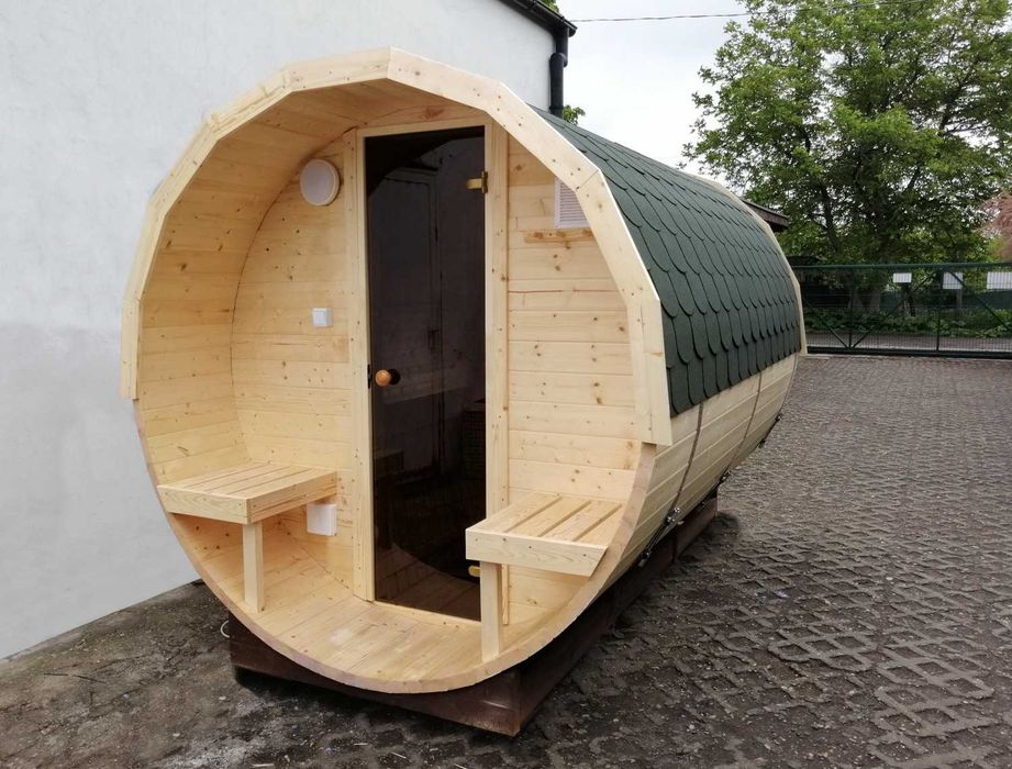 Sauna ogrodowa Beczka 250cm, Ławy + Oparcia Abachi, Szybka Realizacja