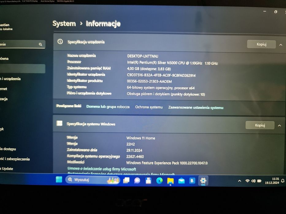 Laptop  Acer spin 1 laptop tablet 2 w 1 dotykowy Pentium N5000,4Gb win