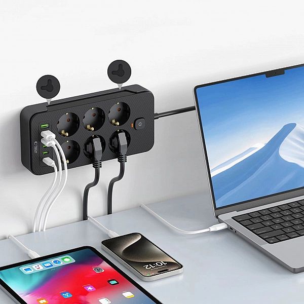 Tech-Protect Pc6X6 Power Strip 3 Usb & 3 Type-C & 6 Socket 200Cm Black
