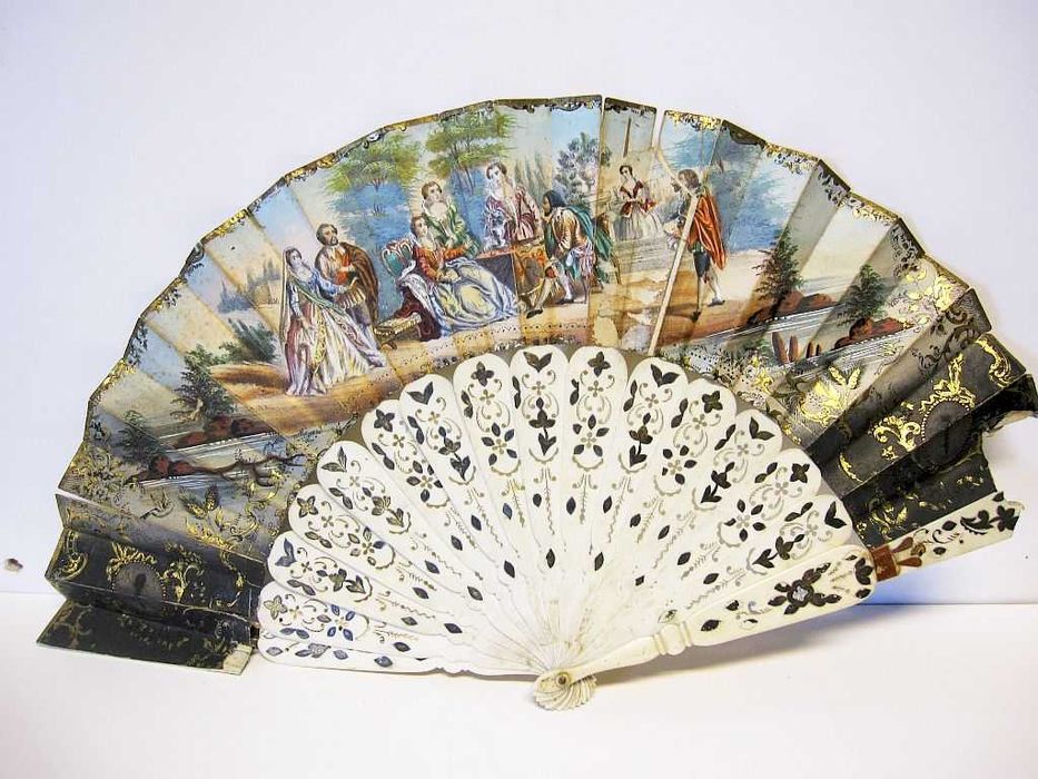 para restauro: antigo precioso leque-sec. XIX-cenas barrocas-casamento