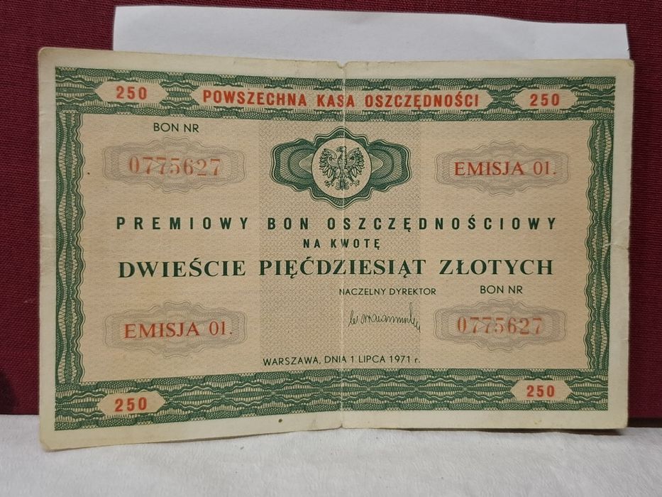 Premiowy Bon Oszczędnościowy 250zł z 1971r