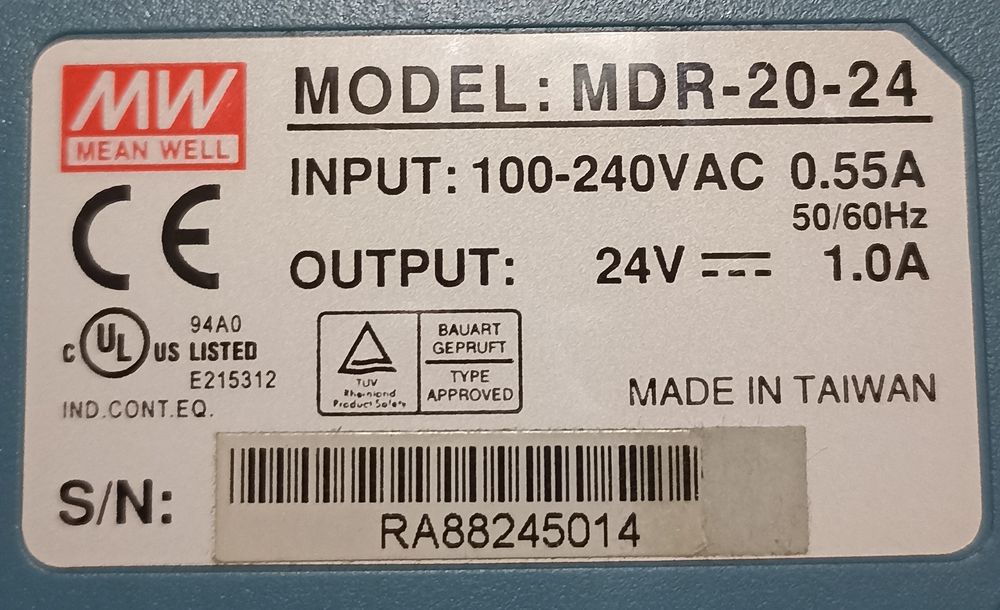 Джерело живлення на DIN-рейку. Модель: МDR-20-24. Виробник: MEAN WELlL