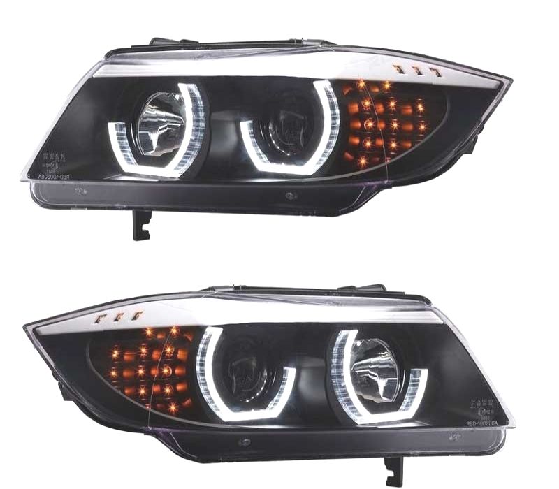 FARÓIS BMW E90 E91 05-08 ANGEL EYES 3D LED + PISCA LED FUNDO PRETO