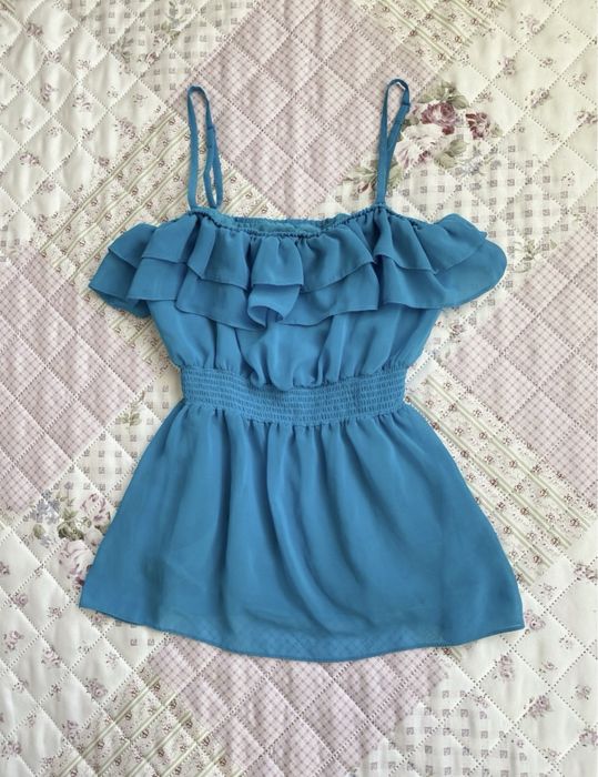 Niebieski top na ramiączka S 36 H&M mesh falbanki 00s