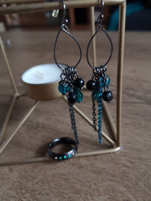Wiszące kolczyki czarno turkusowe pierścionek kamienie NOWE