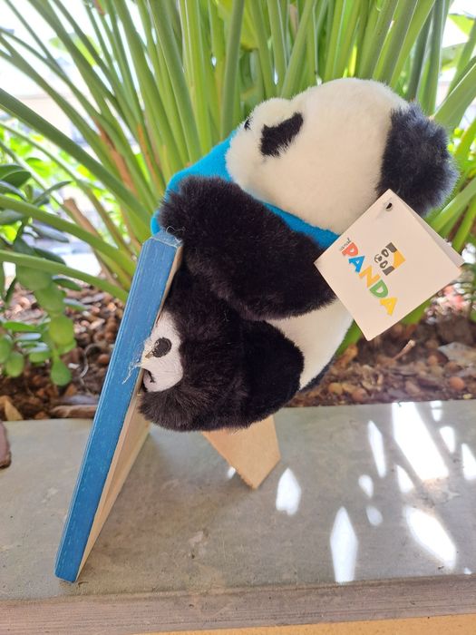Moldura azul de madeira com Panda de peluche