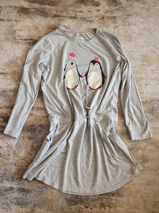 Piżama 1cz ETAM rozmiar L szara koszula nocna pingwiny wiązana w pasie