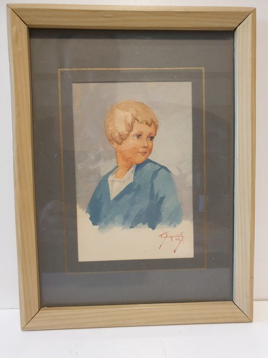 Aquarela antiga  retrato de um menino  de 1942 - assinado