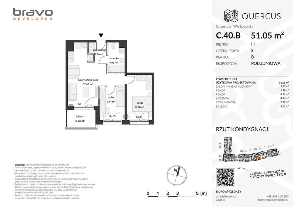 3 pokoje 51,05 m² + balkon | QUERCUS C.40.B