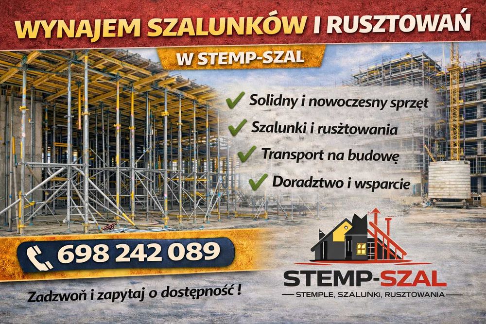 Wynajem, szalunki, STEMP-SZAL stemple, rusztowania, wieniec, ławy