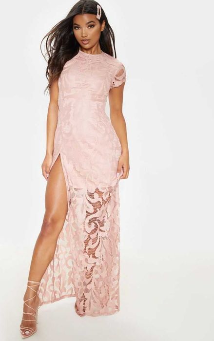Красивое ажурное длинное розовое платье PrettyLittleThing S