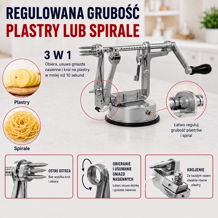Obieraczka do jabłek GOODS+GADGETS 3w1 – obiera, kroi i usuwa gniazda nasienne