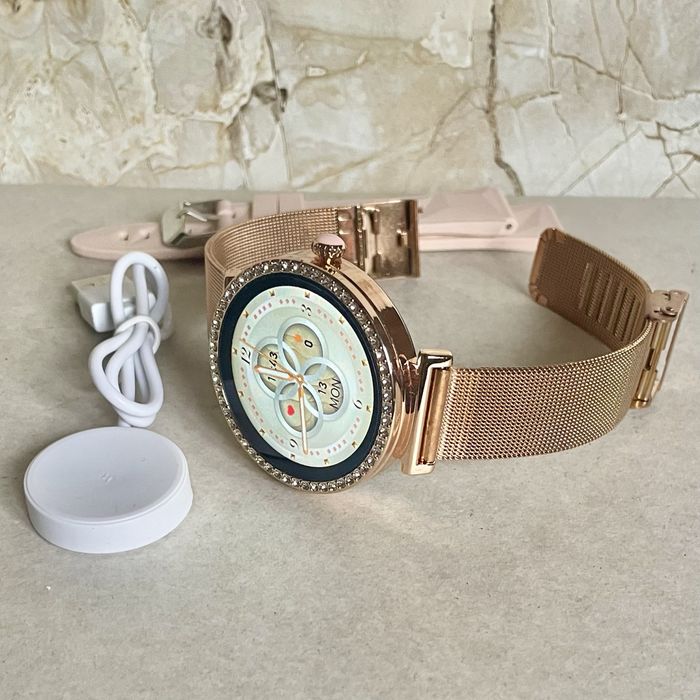 Smartwatch nowy design okrągly diamond  złoty rozmowy kobieta Bluetooth Call sport ciśnienie